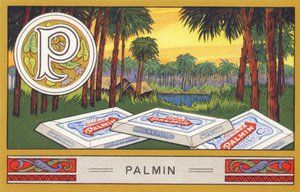 P: Palmine - Alphabet Palmine. Kromolitografioiden sarja, toimittajina H. Schlinck & Cie, Hamburg, s. d. . Mainos Palminin hienoimmasta kookosöljystä. Mitat: 7 x 11 cm tekijältä William M. Timlin