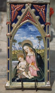 Maalattu keraaminen laatta, joka kuvaa Madonnaa ja lasta, Gualdo Tadino, Umbria, Italia tekijältä William M. Timlin