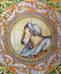 Maalattu maiolica-paneeli, joka kuvaa vanhan miehen päätä Michelangelon tyyliin, valmistaja Ceramiche Desuir, Santo Stefano di Camastra, Sisilia, Italia, Yksityiskohta tekijältä William M. Timlin