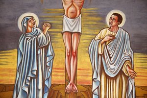 Maalaus. Jeesuksen Kristuksen ristiinnaulitseminen. Neitsyt Maria ja Pyhä Johannes, Aneho, Togo tekijältä Unbekannt