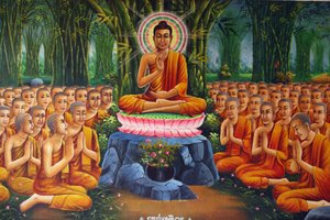 Maalaus, joka kuvaa Buddhan opetusta munkeille Udong Cambodgelle tekijältä Unbekannt