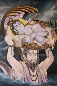 Maalaus Gokulissa: Krishna vauvana, jonka Vasudeva kantoi Yamuna-joen yli. Intia tekijältä Unbekannt