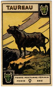 Paranormaalia. Astrologia. Härkä (härkä). Astrologinen kortti: Le Tarot Astrologique (Astrologinen Tarot), kirjoittanut Georges Muchery, Ranska tekijältä Unbekannter Künstler