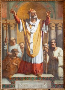 Seurakuntakirkko (Parochiale kerk Sint-Dionysius van Lede). Sisustus. Etelä käytävä. Alttari. Maalaus. Pyhä Denis. Signeerattu ja päivätty 1854 TheEodore-Joseph Canneel. tekijältä Unbekannter Künstler