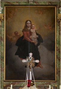 Seurakuntakirkko (Sint-Machutuskerk Wannegem). Sisustus. Korkea alttari. Maalaus. Allekirjoitettu Van Lanselaere 1844. tekijältä Unbekannter Künstler