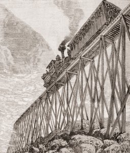 Osa neljä kilometriä pitkää rautatietä New Hampshiressa, Yhdysvalloissa, rakennettu virkistysmatkoja ja matkustajien panoraamanäkymiä varten, noin 1880, Barcelonan julkaisemasta El Mundo Ilustradosta tekijältä Unbekannt