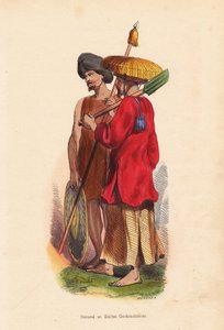 Peasant et soldat Cochinchinois (Vietnam) - Vietnamin (Cochinchine) miehet: sotilas turbaanin, kilven ja keihään kanssa ja maanviljelijä olkihattu, tunika ja lapio - Mercierin käsin värjätty puupiirros teoksesta "Moeurs, Uses et Costumes de tous les Peuple tekijältä Unbekannter Künstler