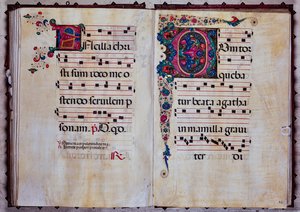 Piccolomini-kirjasto: kuorokirja, cod.12.N, ff. Venturino Mercatin 92v-93r "Foliated iniciaalilla". tekijältä Unbekannter Künstler