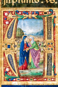 Piccolomini-kirjasto: Kuorokirja, cod. 14.P., ff. 2r "Marian ja Pyhän Marian vierailulla". Elizabeth, Giovanni di Giuliano Boccardi, joka tunnetaan nimellä Boccardino vanhin. Yksityiskohta. tekijältä Unbekannter Künstler