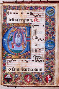 Piccolomini-kirjasto: Kuorokirja, cod. 15.Q., ff. 64r Guidoccio Cozzarellin ja Bernardino Cignonin "Assumption of the Virgin" kanssa. tekijältä Unbekannter Künstler
