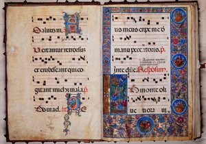 Biblioteca Piccolomini: llibre del cor, bacallà. 8-H, ff. 1v-2r amb “Crist al jardí de Getsemaní”, de Bernardino Cignoni.finnish tekijältä Unbekannter Künstler