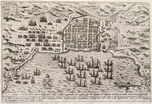 Suunnitelma Draken hyökkäyksestä Santo Domingoon, n. 1595 (kaiverrus) tekijältä Unbekannter Künstler