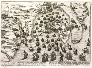 Cadizin sataman suunnitelma vuonna 1596 Sir Walter Raleighin hyökkäyksen aikaan (kaiverrus) tekijältä Unbekannter Künstler