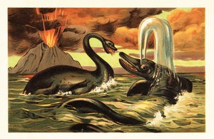 Plesiosaurus ja Ichthyosaurus taistelevat vuoden 1908 purkauksen edessä (litografia) tekijältä Unbekannter Künstler