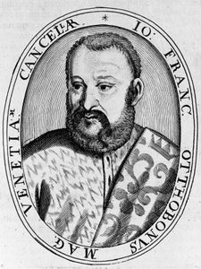 Venetsian suurkanslerin Francesco Ottobonin (1500-luku) muotokuva, kaiverrus tekijältä William M. Timlin