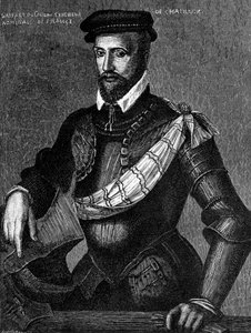 Muotokuva Gaspard de Colignysta, Seigneur de Chatillonista (1519-1572), ranskalaisesta aatelista, amiraalista ja hugenottien johtajasta Ranskan uskonnollisissa sodissa, kaiverrus tekijältä William M. Timlin