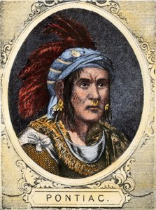 Pontiacin (tai Obwandiyagin, n. 1714-1769), Detroitin Outaouais-intiaaniheimon (Ottawa Nation) päällikön muotokuva. Värikaiverrus 1800-luvulta. tekijältä Unbekannter Künstler