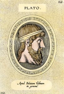 Kreikkalaisen filosofin Platonin (428-348 eaa.) muotokuva. Kaiverrus. tekijältä Unbekannter Künstler