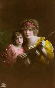 Postikortti, jossa kaksi naista ja kitara, "Album para Tarjetas postales". tekijältä Unbekannter Künstler
