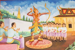 Preah Prom Rathin luostari Buddhan elämä Prinssi Siddhartha Gautamasta tuli miekkailun, painin ja jousiammunta, Siem Reap, Kambodža tekijältä Unbekannt