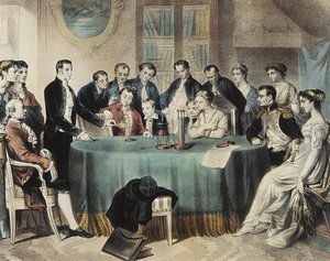 Volta esittelee vuonna 1801 sähköparistoa koskevia kokeita ensimmäiselle konsulille Napoleon Bonapartelle (kaiverrus). tekijältä Unbekannter Künstler