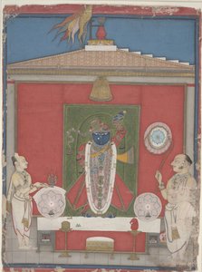Pappi palvomassa Shri Nathajin kuvaa, 1800-luvun puoliväli (läpinäkymätön akvarelli paperilla) tekijältä Unbekannter Künstler
