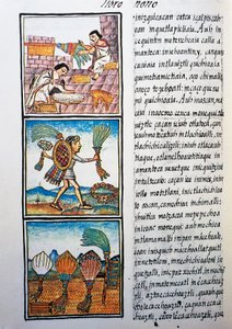 Höyhenten käsittely, teksti nahuatiksi, faksimilesta Bernardino de Sahagunin käsikirjoituksesta General History of Things of New Spain, joka tunnetaan myös nimellä Florentine Codex tekijältä William M. Timlin