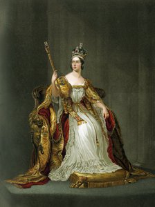 Englannin kuningatar Victoria kruunajaispuvussaan vuonna 1837. tekijältä Unbekannter Künstler