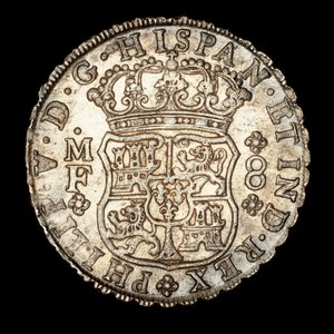 Harvinainen hopeakolikko, Espanjan Amerikan kuningas Ferdinand VI, 8 Reale, kruunattu kilpi ja Espanjan vaakuna 1740 (kuva) tekijältä Unbekannter Künstler