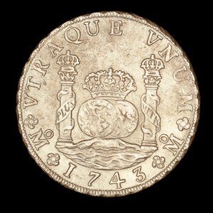 Harvinainen hopeakolikko, Espanjan Amerikan kuningas Ferdinand VI, 8 Reale, Herkules-pilarit Gibralta-salmen varrella ja pallot, kruunu. tekijältä Unbekannter Künstler