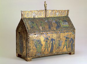 Jäännösarkku, jossa kohtauksia St Valerian elämästä, Limoges, n. 1175 (puu, kullattu kupari ja champleve emali) tekijältä Unbekannt