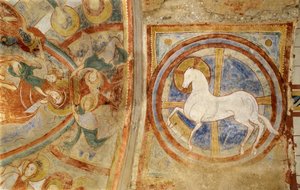 Romaaninen taide: Vienne, Poitou-Charentes (Poitou Charentes), Ranska, freskot prinsessa Aleksandrian Pyhän Katariinan kryptasta, Apokalypsin karitsa esitetty hevosena: Notre Damen kirkko Montmorillonissa, Vienne, Poitou-Charentes (Poitou Charentes), Ransk tekijältä Unbekannter Künstler