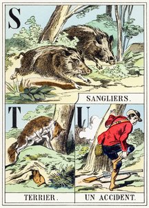 S T U : Sanglier, Terrieri, Un-onnettomuus - Metsästysaakkoset, n. 1890 (kaiverrus) tekijältä Unbekannt