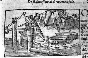 Suolan tuotanto: ruoanlaitto. Kaiverrus Olaus Magnus (1490 - 1557), ruotsalainen uskonnollinen ja maantieteilijä, "History of the Northern Nation", Venetsia tekijältä Unbekannt