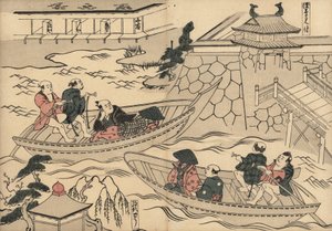 Samurai ylittää joen (Akasaka Mitsuken kohdalla) veneellä matkalla Yoshiwaran huviloihin. Masanobu Okumuran (1686-1764) tekemä puupiirros teoksesta Fuzoku Emakimono, Picture Scroll of the Water Trade, Tokio, uusintapainos noin 1880. tekijältä Unbekannter Künstler