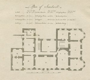 Sandwell Park – Hallin suunnitelma: kaiverrus ja [?1700-luku] tekijältä Unbekannt