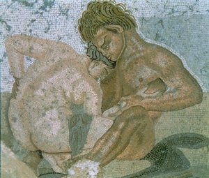 Satyr ja Maenad, yksityiskohta mosaiikista Faunin talosta tekijältä Unbekannter Künstler