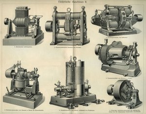 Saksalaisia ​​sähkökoneita edustava tiede- ja teknologialautakunta. Kuva otettu julkaisusta "Meyers Grosses Konversations - Lexikon""" 1904. Bibliographers Institute, Leipzig ja Wien tekijältä Unbekannt