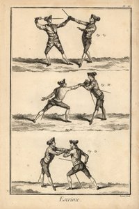 Toinen asento aseistariisunnan tierce, aseistariisunnan carte tai seconde thrust, ja toinen asento aseistariisunnan carte. Robert Benardin tekemä kuparikaiverrus Denis Diderot