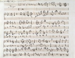 Nuottisivu Händelin fuugalle käsikirjoituksesta, joka sisältää kaksi teosta, Domenico Scarlatti ja Friedrich Händel tekijältä Unbekannter Künstler