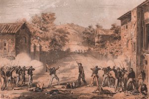 Sisilialaiset vapaaehtoiset hyökkäävät napolilaisten vasemmalla puolella olevaa etutolppaa vastaan Milazzossa, Sisiliassa tekijältä William M. Timlin