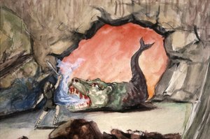 Siegfried tappaa lohikäärme Fafnerin, 1800-luvun loppupuoli (kuvitus). tekijältä Unbekannter Künstler