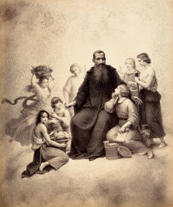 Pyhää Benedictusta ympäröivät nuoret, joilla on vehnänippuja ja hedelmäkoreja. Kuvitus Dante Alighierin "Jumalaisen komedian" Paradisossa olevaan canto XXXII:een. Francesco Scaramuzzan Firenzen kunnalle omistama teos. tekijältä Unbekannter Künstler