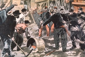 Bretagnelaisten grevistien ja lainvalvontaviranomaisten välinen taistelu rakennustyömaalla, Pariisi, 1900-luvun alku (kaiverrus). tekijältä Unbekannter Künstler