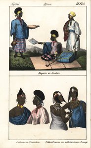 Sudanilaisia naisia raidallisessa mekossa. Alla Timbuktun (Mali) demmes ja Saharan tibbo-naiset. Litografia kirjaa varten: "Galerie complete en tableaux fideles des peuples d