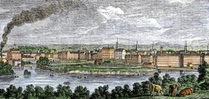 Tekstiilitehtaita Merrimack- ja Concord-jokien varrella, Lowell, Massachusetts, Yhdysvallat 1830-luvulla. Värillinen kaiverrus 1800-luvulta. tekijältä Unbekannter Künstler