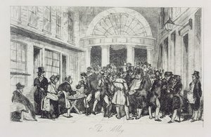 "The Alley", pullamyyjä Lontoon pörssin sisäänkäynnillä, Capel Court, n. 1850 (etsaus) tekijältä Unbekannt