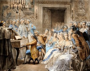 Itävaltalainen säveltäjä Wolfgang Amadeus Mozart (1756-1791) 14-vuotiaana soittamassa muistinvaraisesti Gregorio Allegrin "Miserere"-teosta. tekijältä Unbekannter Künstler