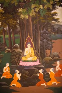 Buddha saarnasi ensimmäisen saarnansa viidelle munkille, Wall fresko, Wat Botum temppeli, Phnom Penh, 2022 (kuva) tekijältä Unbekannter Künstler