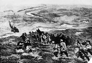 Kiinan puna-armeija kulkee suomaan läpi. Li Huan-minin puupiirros. Puna-armeijan kuvataan ylittävän suon vuonna 1935 tekijältä Unbekannt